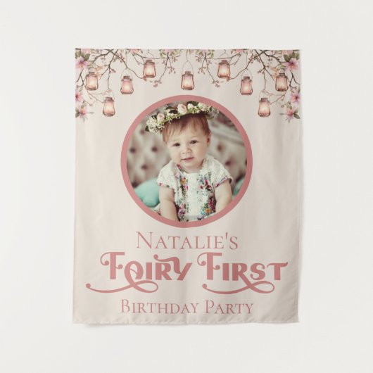 赤面ピンクフェアリー最初の誕生日パーティーパーソナライズされた タペストリー (正面)