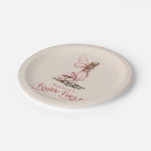 赤面ピンクフェアリー最初の誕生日パーティーパーソナライズされた ペーパープレート (アングル)