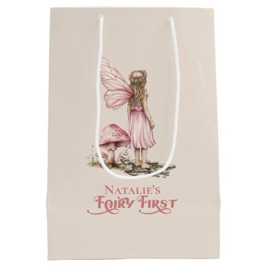 赤面ピンクフェアリー最初の誕生日パーティーパーソナライズされた ミディアムペーパーバッグ (裏面)