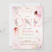 赤面ピンクフェアリー最初の誕生日女の子1st誕生日 招待状 (正面)