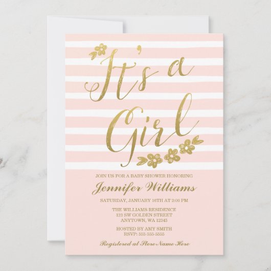 赤面ピンクフェイク金ゴールド花女の子ベビーシャワー 招待状 (正面)