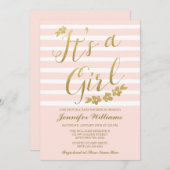 赤面ピンクフェイク金ゴールド花女の子ベビーシャワー 招待状 (正面/裏面)