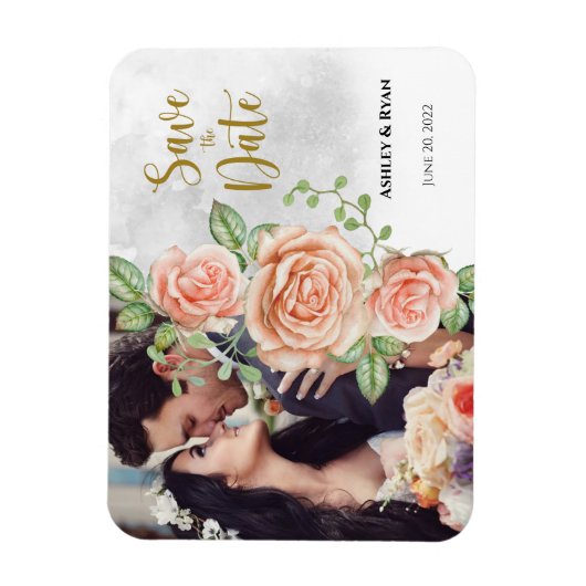 赤面ピンクフォトウェディング日付保存 マグネット (縦)