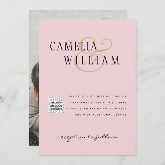 赤面ピンクフォトウェディングQRコード救日付 招待状 (正面/裏面)