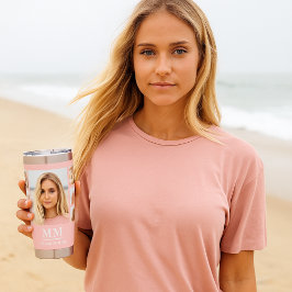 赤面ピンクフォトコラージュのモノグラム名 保温保冷タンブラー