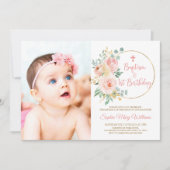 赤面ピンクフォトバプテスマ&ファースト誕生日 招待状 (正面)