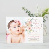 赤面ピンクフォトバプテスマ&ファースト誕生日 招待状 (スタンド正面)