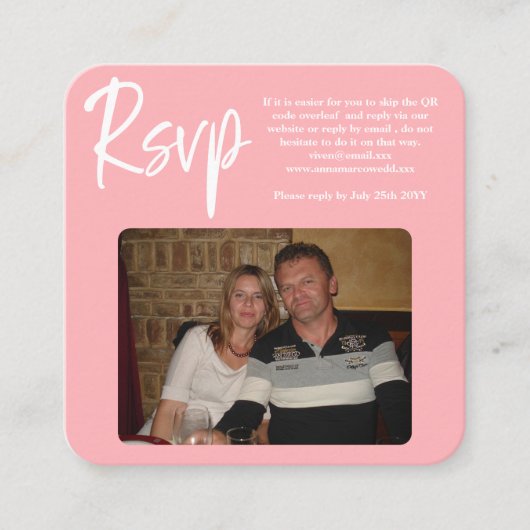 赤面ピンクフォトQRコードラウンドコーナーRSVPカード スクエア名刺 (正面)
