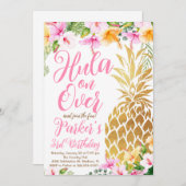 赤面ピンクフラオン、ルアウ(ハワイ式宴会)、パイナップル誕生日 招待状 (正面/裏面)