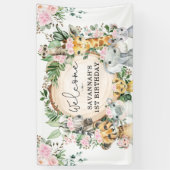 赤面ピンクフラワーサファリアニマルズ誕生日ウェルカム 横断幕 (縦)