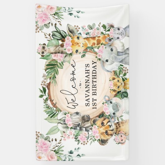 赤面ピンクフラワーサファリアニマルズ誕生日ウェルカム 横断幕 (縦)