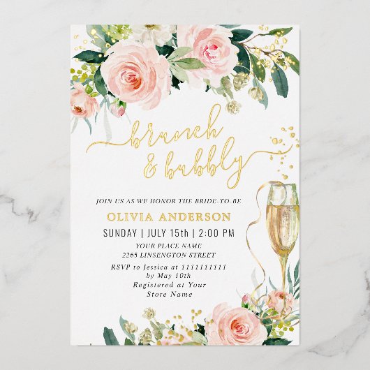 赤面ピンクフラワーズウォーターカラーブライダルブランチ金ゴールド 箔招待状 (正面)
