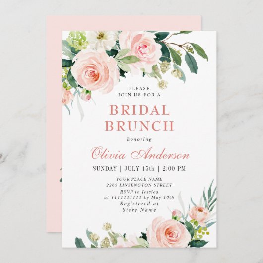 赤面ピンクフラワーズウォーターカラーブライダルブランチ 招待状 (正面/裏面)