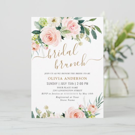 赤面ピンクフラワーズウォーターカラーブライダルブランチ 招待状 (スタンド正面)