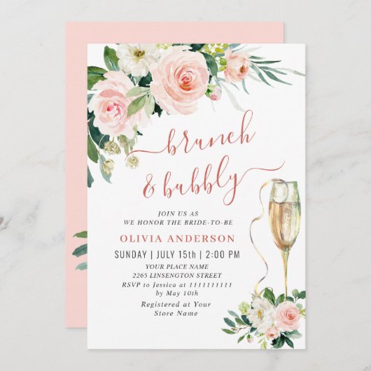 赤面ピンクフラワーズウォーターカラーブライダルブランチ 招待状 (正面/裏面)