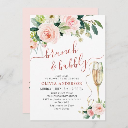赤面ピンクフラワーズウォーターカラーブライダルブランチ 招待状 (正面/裏面)