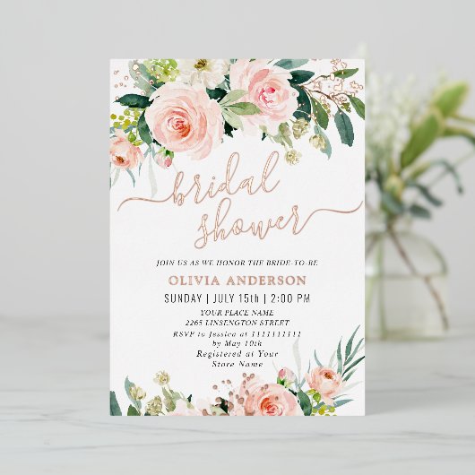 赤面ピンクフラワーズウォーター色ブライダルシャワー金ゴールド 箔招待状 (立ち正面)