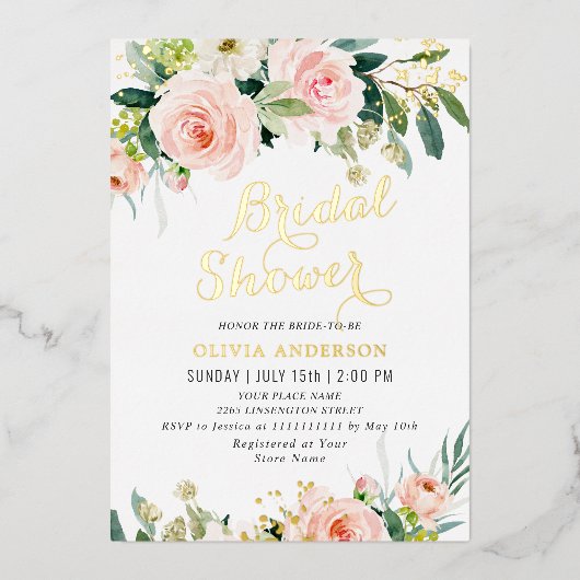 赤面ピンクフラワーズウォーター色ブライダルシャワー金ゴールド 箔招待状 (正面)