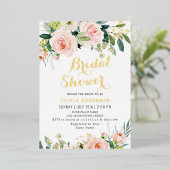 赤面ピンクフラワーズウォーター色ブライダルシャワー金ゴールド 箔招待状 (立ち正面)