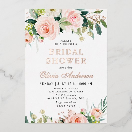 赤面ピンクフラワーズウォーター色ブライダルシャワー金ゴールド 箔招待状 (正面)