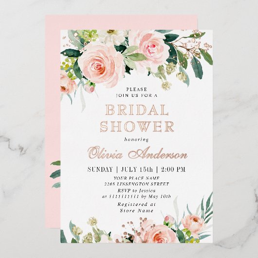 赤面ピンクフラワーズウォーター色ブライダルシャワー金ゴールド 箔招待状 (正面/裏面)