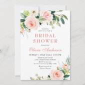赤面ピンクフラワーズウォーター色ブライダルシャワー 招待状 (正面)