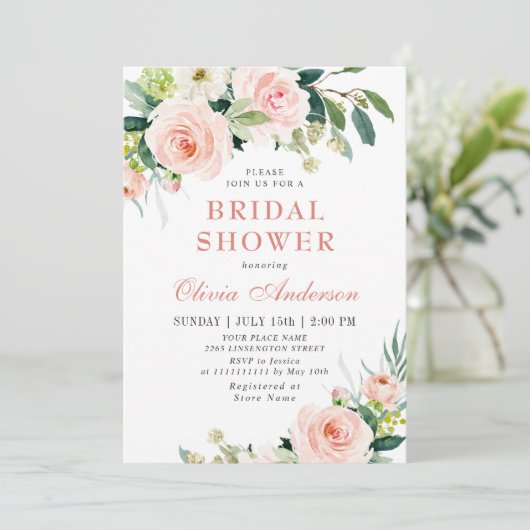 赤面ピンクフラワーズウォーター色ブライダルシャワー 招待状 (スタンド正面)