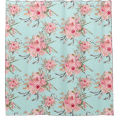 赤面ピンクフラワーズオンライトブルー シャワーカーテン (正面)