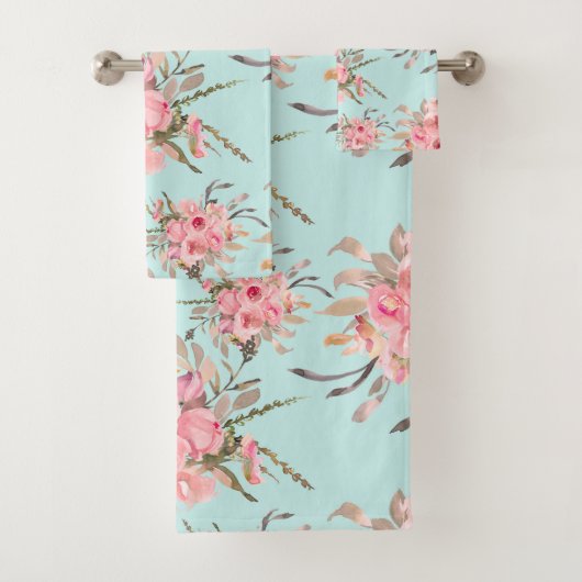 赤面ピンクフラワーズオンライトブルー バスタオルセット (インサイチュ)
