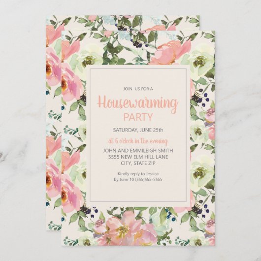 赤面ピンクフラワーズクリームセージグリーン引っ越し祝いパーティー (正面/裏面)