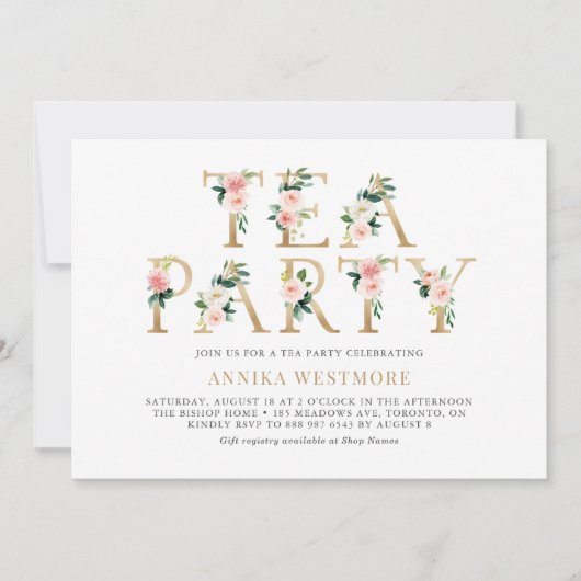 赤面ピンクフラワーズゴールドフォイル春ティーパーティー 招待状 (正面)
