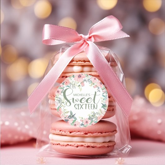 赤面ピンクフラワーズセージ葉グリーンシティーSweet 16 ラウンドシール