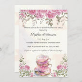 赤面ピンクフラワーズティーパーティーブライダルシャワー 招待状 (正面/裏面)