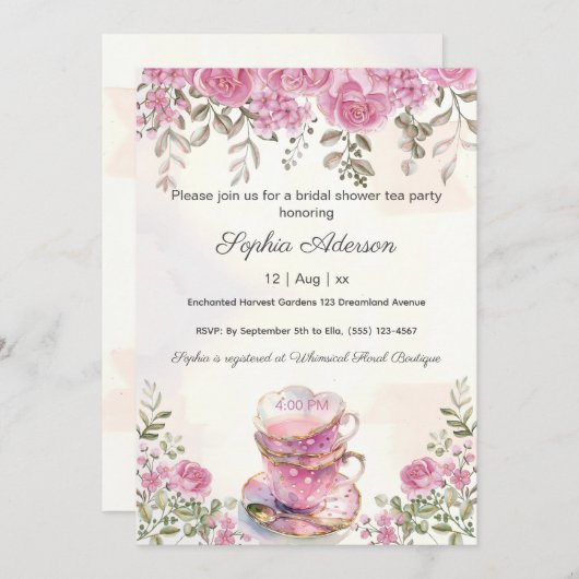 赤面ピンクフラワーズティーパーティーブライダルシャワー 招待状 (正面/裏面)