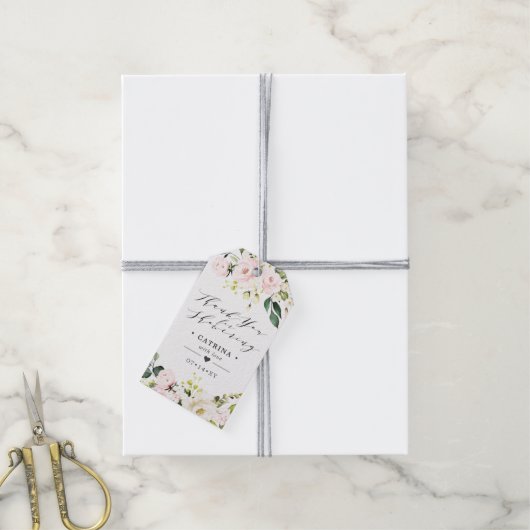 赤面ピンクフラワーズブライダルシャワーありがとう ギフトタグ (より糸付き)