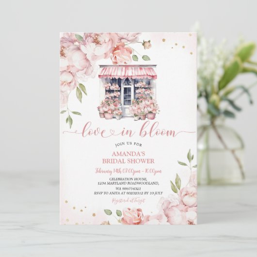 赤面ピンクフラワーズラブイン開花ブライダルシャワー 招待状 (スタンド正面)