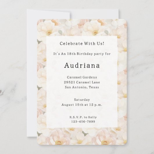 赤面ピンクフラワーズ誕生日 招待状 (正面)