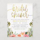 赤面ピンクフラワーズ&金ゴールドガーデンブライダルシャワー インビテーションポストカード (正面)