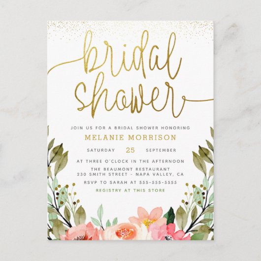 赤面ピンクフラワーズ&金ゴールドガーデンブライダルシャワー インビテーションポストカード (正面)