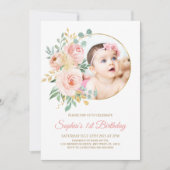 赤面ピンクフラワーズ&金ゴールドベビー初誕生日 招待状 (正面)