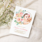 赤面ピンクフラワーズ&金ゴールドベビー初誕生日 招待状