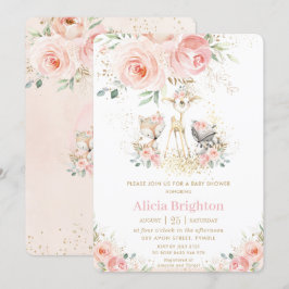 赤面ピンクフローラかわいいウッドランドガーリー赤ちゃんシャワー 招待状