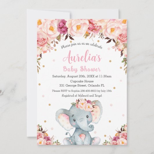 赤面ピンクフローラかわいい象の赤ちゃんシャワー女の子 招待状 (正面)