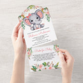 赤面ピンクフローラかわいい象の赤ちゃんシャワー オールインワン招待状 (貼ってはがせる)