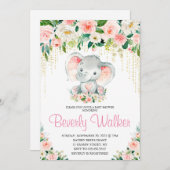 赤面ピンクフローラかわいい象の赤ちゃんシャワー 招待状 (正面/裏面)