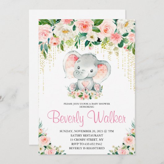 赤面ピンクフローラかわいい象の赤ちゃんシャワー 招待状 (正面/裏面)