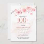 赤面ピンクフローラさくらんぼブロッサム100誕生日 招待状 (正面)