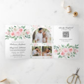 赤面ピンクフローラすべてQRコード結婚の 三つ折り招待状 (内部)