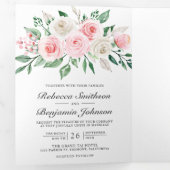 赤面ピンクフローラすべてQRコード結婚の 三つ折り招待状 (内部最初)