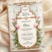 赤面ピンクフローラとグリーンリーパールブライダルシャワー 招待状
